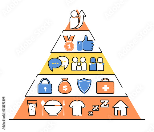 Cartoon Color Maslow Pyramid Structure Hierarchy Concept Flat Design Style with Elements Thin Line. Vector illustration