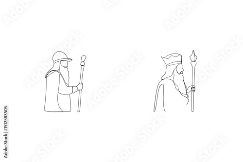 Line drawing illustrating two bearded men with staffs and attire against white background
