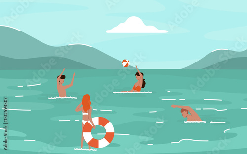Cartoon Color Characters People Having Fun on Sea Concept Flat Design Style. Vector illustration of Throwing Ball