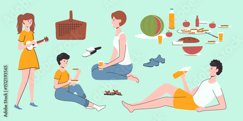 Cartoon Color Different Characters People Family Set for Picnic Concept Flat Design Style and Line Elements. Vector illustration