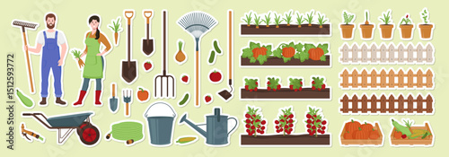 Cartoon Color Characters People Farmers Stickers Concept Flat Design Style Include of Vegetable, Pitchfork and Fence. Vector illustration