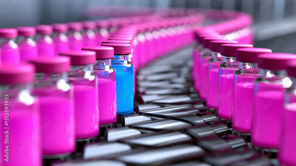 Obraz premium One blue vial stands out among many identical pink vials on a pharmaceutical production line. 
