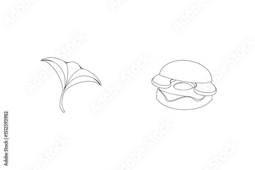 Line art illustration of a burger and a leaf shape element for design and food concepts.