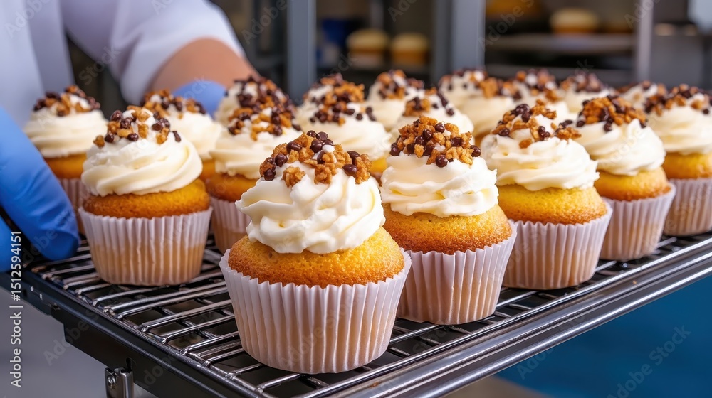 Close Up of Freshly Baked Cupcakes with Creamy Frosting and Chocolate Sprinkles on a Rack Close Up of Freshly Baked Cupcakes with Creamy Frosting and Chocolate Sprinkles on a Rack