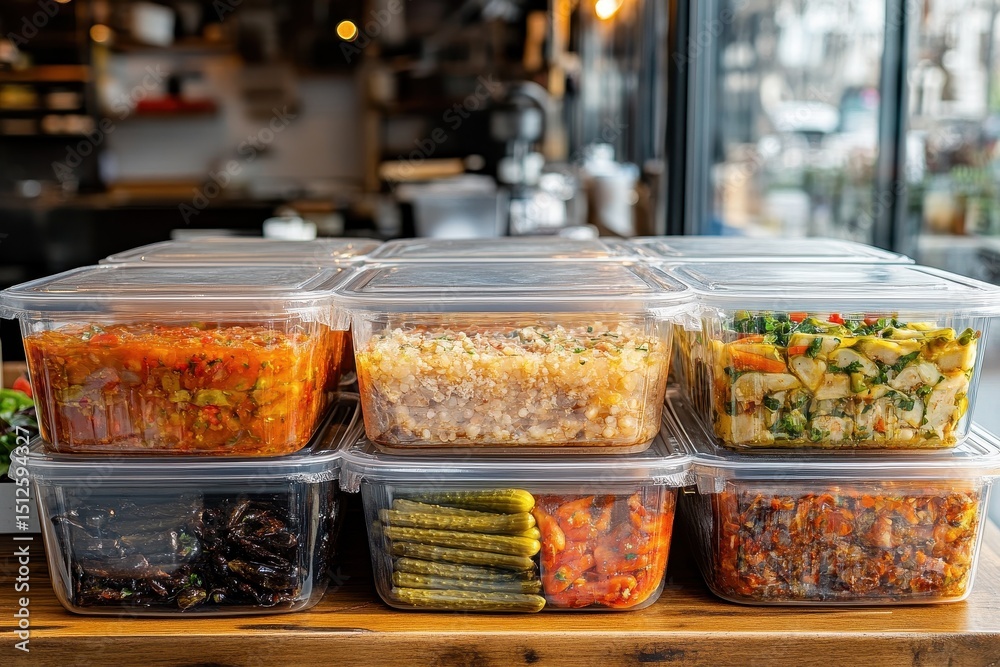 Obraz premium Containers for Culinary Delights: Organizing Food in a Restaurant Kitchen