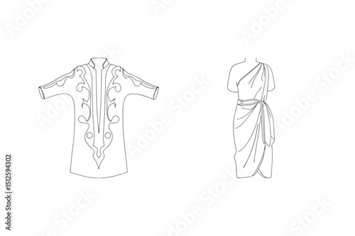 Vector illustration of two different ancient clothing garments against a plain white backdrop