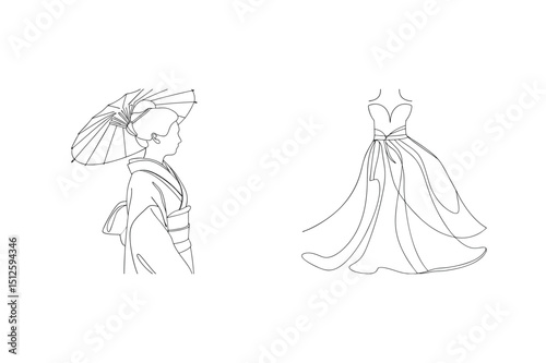 Minimalist line art of geisha with umbrella and elegant dress isolated on white background