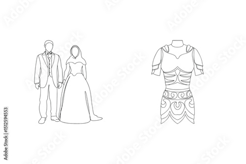 Elegant line art depicting a wedding couple and ornate medieval knight armor