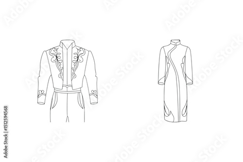 Elegant line art outlines of fashionable women's clothing designs for apparel collections