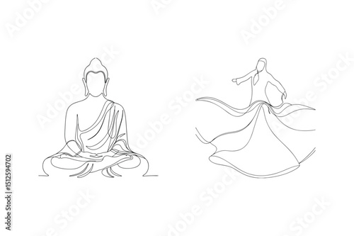 Minimalist line drawing of buddha and dervish representing spirituality and peace