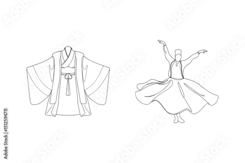 Line art depiction of a traditional robe and whirling dervish dance in simple style