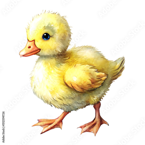 Fluffy Yellow Duckling Splashing in Puddle – Gentle Watercolor Illustration on White Background.png