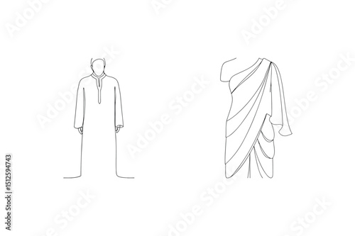 Minimalist one line drawing depicting traditional indian garments in black and white