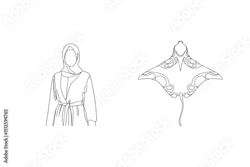 Elegant line art depicting a woman in hijab and a graceful stingray design