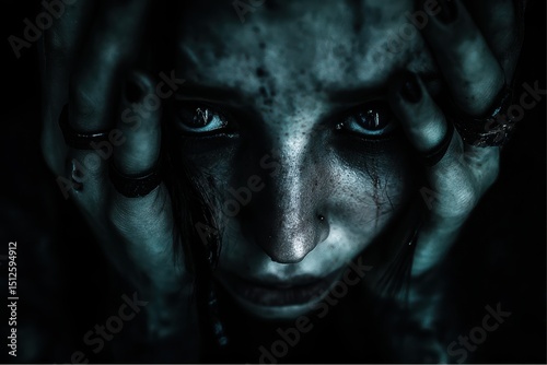 Woman with demonic makeup and pale skin clutches her head in distress, a look of anguish visible in her eyes