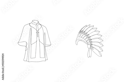 Line art depiction of a priest's robes and native american war bonnet isolated on white