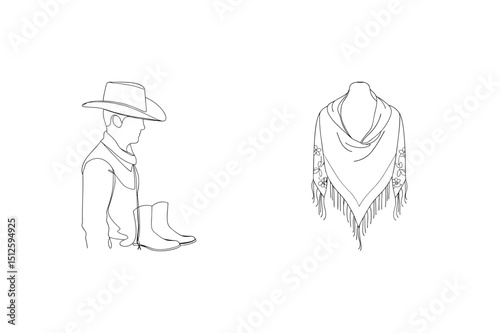 Minimalist line art illustration of a cowboy with hat boots and a western shawl