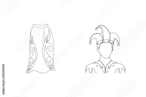 Elegant line art illustration of a medieval jester and decorated skirt on white