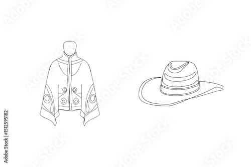 Minimalist line drawing of poncho and cowboy hat against white background