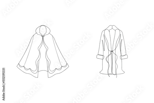Elegant outline illustrations of a cape with hood and a long fur trimmed coat