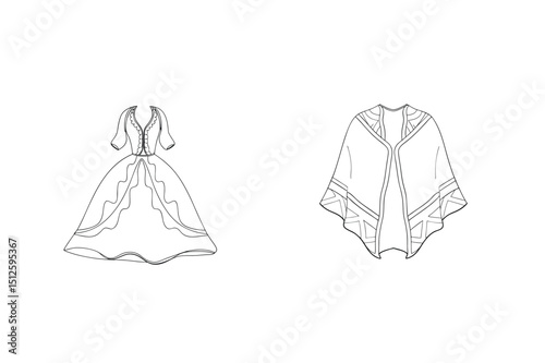 Elegant black and white line art illustrations of a historical dress and shawl