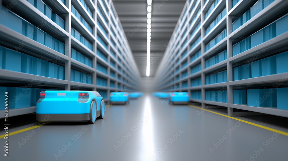 Obraz premium Autonomous delivery robots transporting packages through a high-tech automated warehouse aisle. 