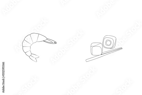 Minimalist line drawing of shrimp and sushi with chopsticks on a white background
