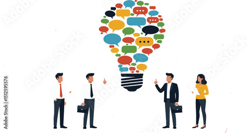 Effective communication, meeting discussion or conversation solution, speak or telling intelligence information, team opinion new idea concept, business people discuss with lightbulb speech 