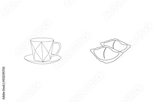 Minimalist line art illustration featuring coffee cup and dumplings on a white background