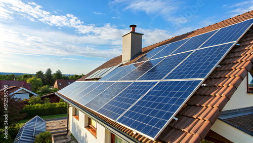Blue solar panels installed on house rooftop
,Energy-efficient home with solar system