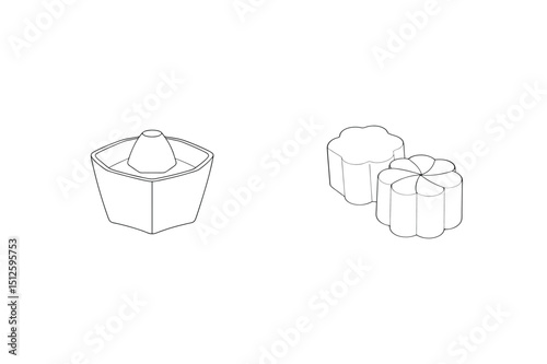 Simple outlined illustration of an unusual fountain and decorative floral shaped objects