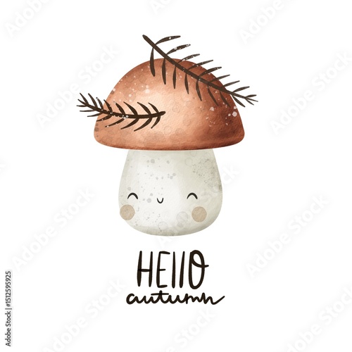 Cartoon  mushroom, hand drawing lettering. Colorful illustration, flat style. design for cards, print, poster