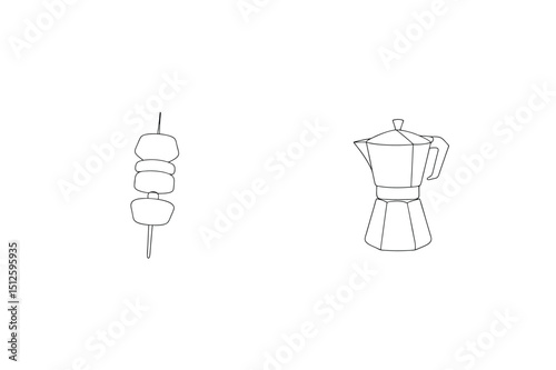 Hand drawn skewered marshmallows and coffee pot line art illustration on white isolated