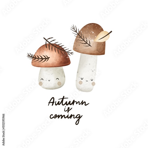 Cartoon mushroom, hand drawing lettering. Colorful illustration, flat style. design for cards, print, poster