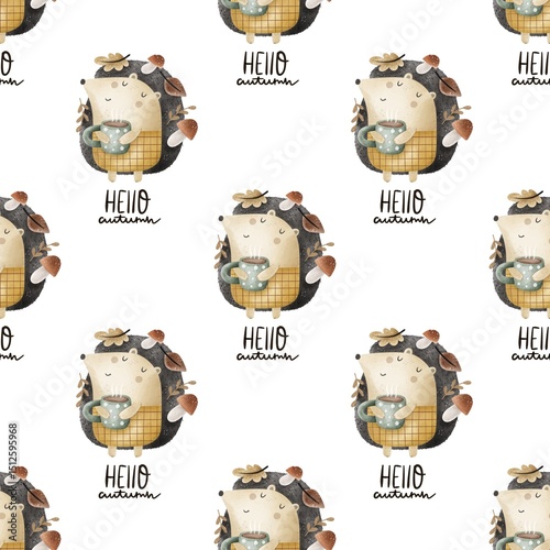 Seamless pattern with cartoon hedgehog, decorative elements. Colorful illustrations flat for kids. hand drawing. baby design for fabric, print, wrapper, textile