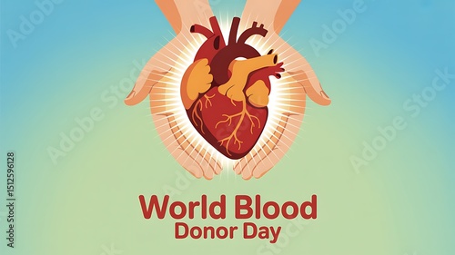 Human heart held in hands with light rays against gradient background for blood donor day