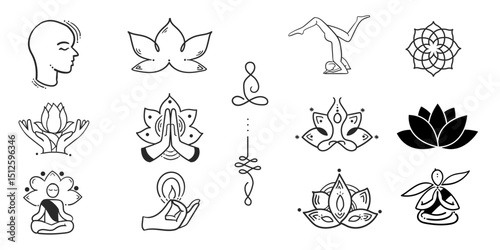 Yoga creatives design element set,peace,tranquility,Hand drawn decoration line set,world yoga day poster,card background design element. 