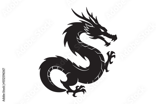 Black silhouette of a mythical dragon in a curled pose with sharp details and dynamic design