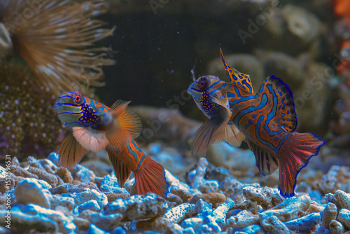 Fototapeta Naklejka Na Ścianę i Meble -  Two mandarin fish fight for territory