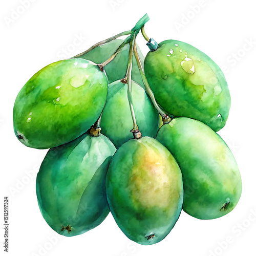 Green Mangoes Cluster of Unripe Fruit – Fresh Tropical Clipart Isolated on Transparent Background.png