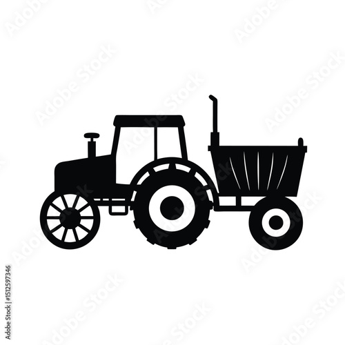 Farm Tractor with Trolley Trailer silhouette vector art illustration