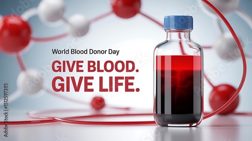 A blood donation bottle with a blue cap next to world blood donor day message art