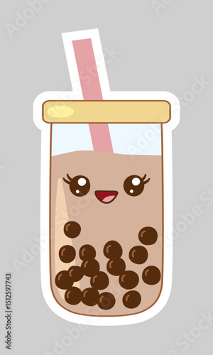 Sticker with kawaii style bubble tea glass with boba pearls and straw, vector
