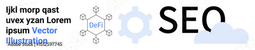 Abstract design featuring SEO text, network diagram symbolizing DeFi, a gear icon, and a cloud. Ideal for digital marketing, blockchain, innovation, web technology, strategy fintech simple landing