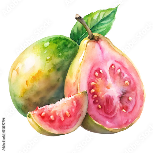 Guava Fruit with Pink Center Slice – Delicate Watercolor Painting on White Background.png