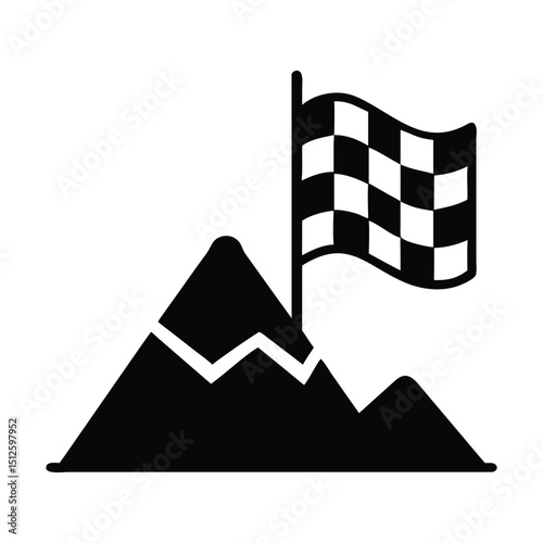 Mountain peak success achievement goal reached with checkered flag vector illustration