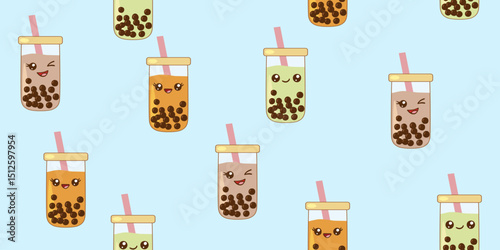 Kawaii bubble tea cups with happy faces seamless pattern on blue background, vector