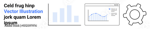 Bar chart, line graph on browser window, gear icon. Ideal for data management, analytics, technology, growth strategy, business processes, web design simple landing page