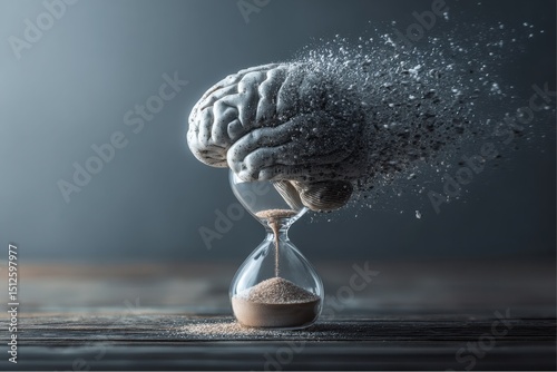 Brain disintegration over an hourglass on a weathered wooden table representing time