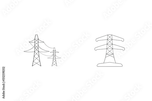 Vector illustration of power lines and transmission towers on white background for energy concepts